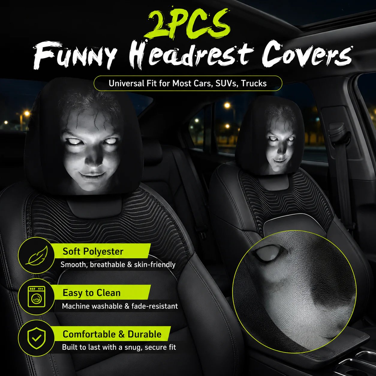 😆 Funny Cartoon Car Headrest Covers – 2PCS Universal Fit 🚗 - SPOOKY NIGHT EDITION / 1 Pair (2 PCS)
