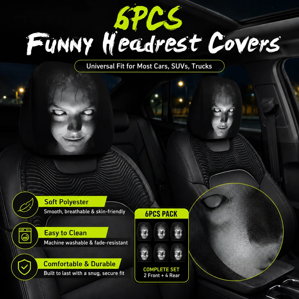 😆 Funny Cartoon Car Headrest Covers – 2PCS Universal Fit 🚗 - SPOOKY NIGHT EDITION / 1 Pair (2 PCS)