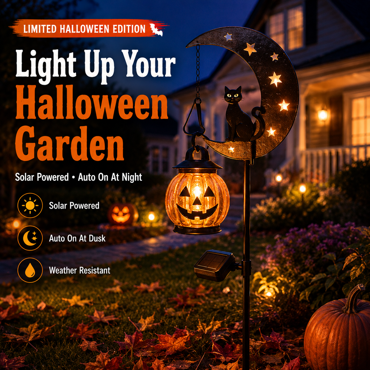🔥 55% OFF TODAY 👻 Solar Halloween Garden Stake Light with Black Cat &amp; Pumpkin