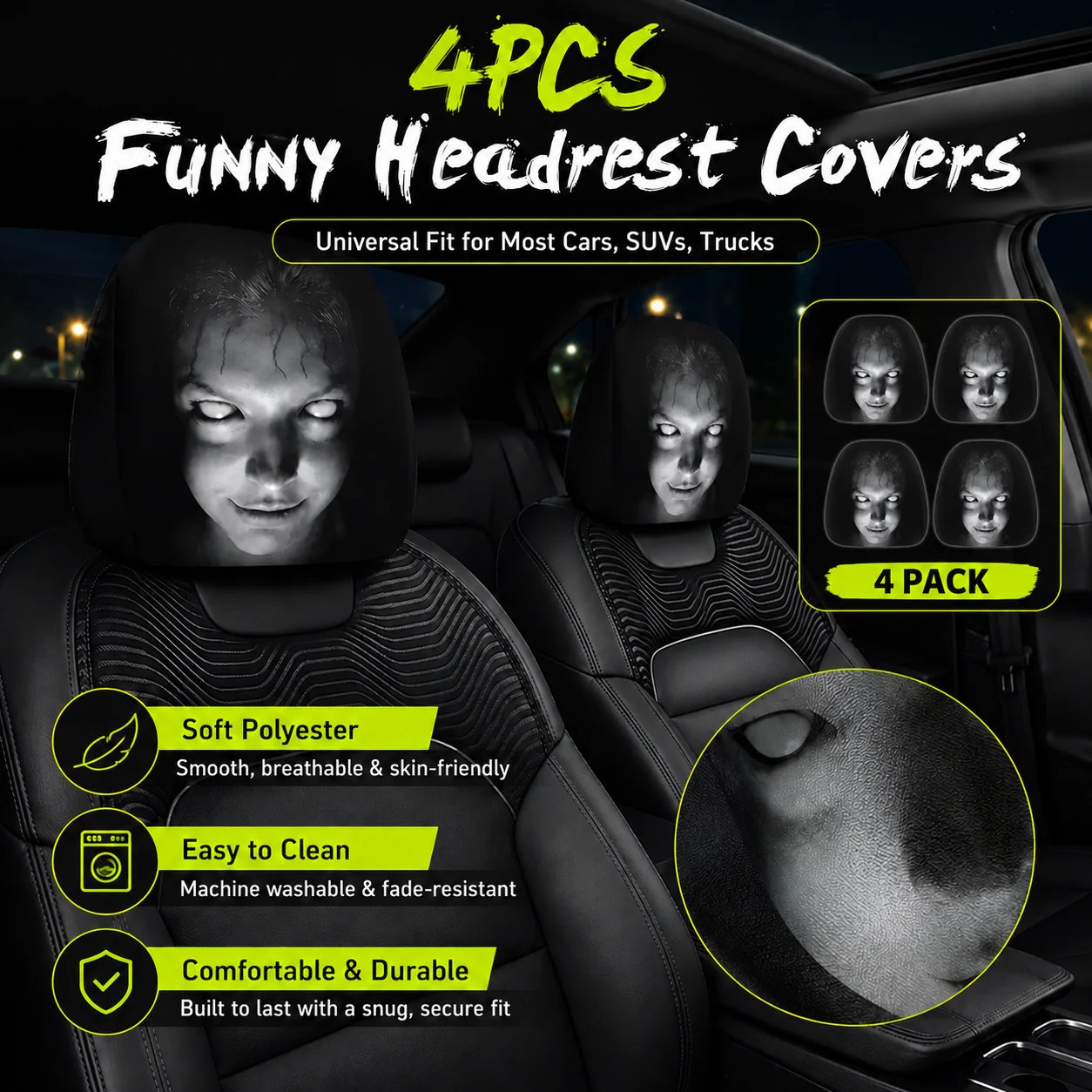 😆 Funny Cartoon Car Headrest Covers – 2PCS Universal Fit 🚗 - SPOOKY NIGHT EDITION / 1 Pair (2 PCS)