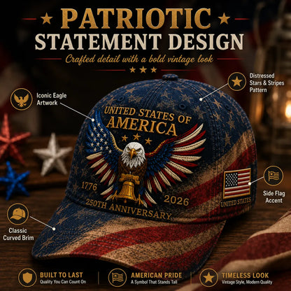 🎉Patriotic 4th of July ❤️ 🇺🇸 Premium Crafted USA 250th Anniversary Patriotic Eagle Cap