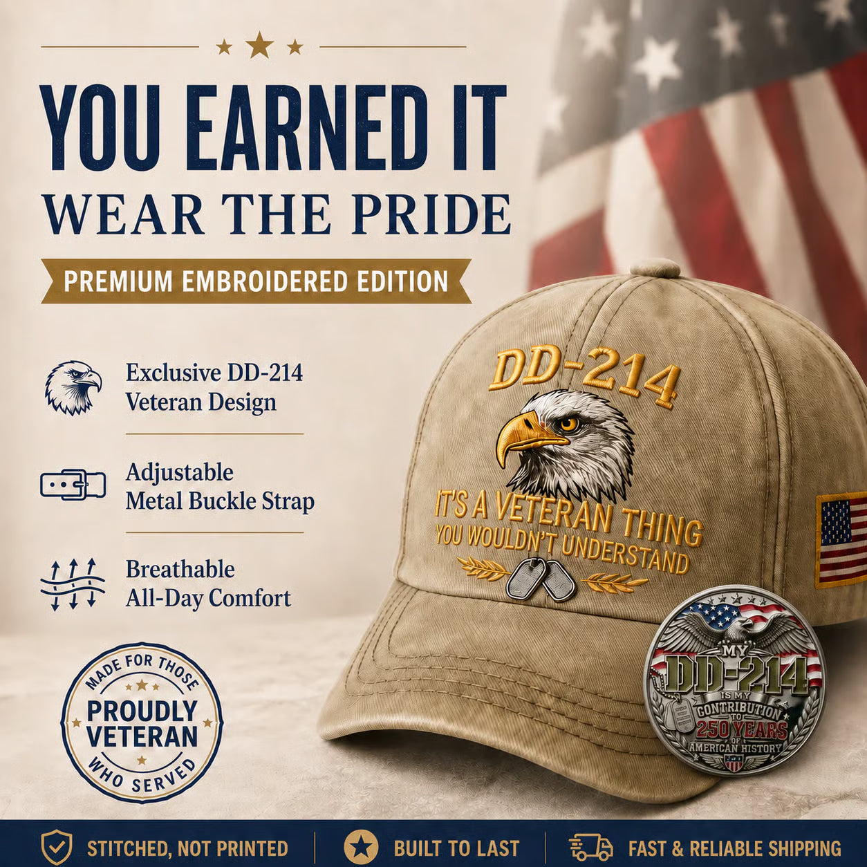 DD-214 Veteran 3D Embroidered Cap - “IT'S A VETERAN THING YOU WOULDN'T UNDERSTAND”🎁 Free Honor Coin With Every Cap Purchase - 🔥Khaki / One Size Fits Most（Adjustable） / 🎁 Free Honor Coin With Every Cap Purchase