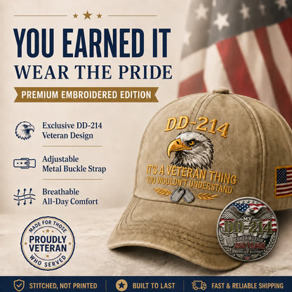 DD-214 Veteran 3D Embroidered Cap - “IT'S A VETERAN THING YOU WOULDN'T UNDERSTAND”🎁 Free Honor Coin With Every Cap Purchase - 🔥Khaki / One Size Fits Most（Adjustable） / 🎁 Free Honor Coin With Every Cap Purchase